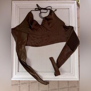 Motel Rocks brown scarf halter tie ruched satin crop top S/M